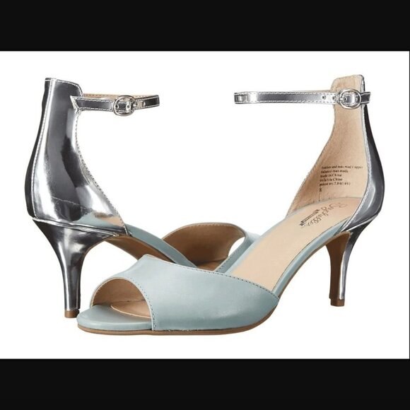 Seychelles Hazel Light Blue Silver Peep Toe Ankle Strap Retro Pin Up Heels 8 - Picture 1 of 5